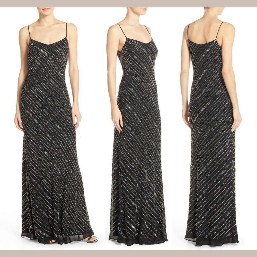 NWT $369 Adrianna Papell Bias‎ Embellished Tank Gown in Black [SZ 4 ]
